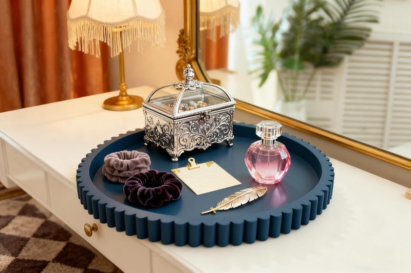 KULEDM Handmade 12in Decorative Tray for Coffee Table Tray Decor, Blue Wooden Decorative Round Tray for Kitchen, Living Room, Home Decor - Image 3